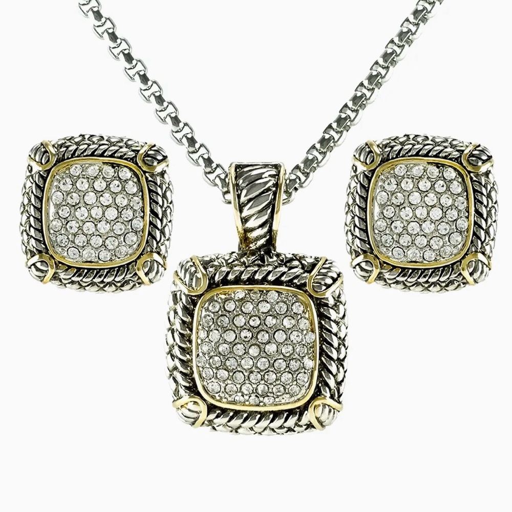 Source Unknown Two-Tone Silver and Gold Pave Pendant and Earring Set